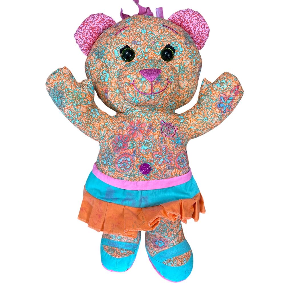 15" Pink Doodle Bear Girl Teddy Stuffed Flowers Print Plush  Mashine Washable - Picture 6 of 7